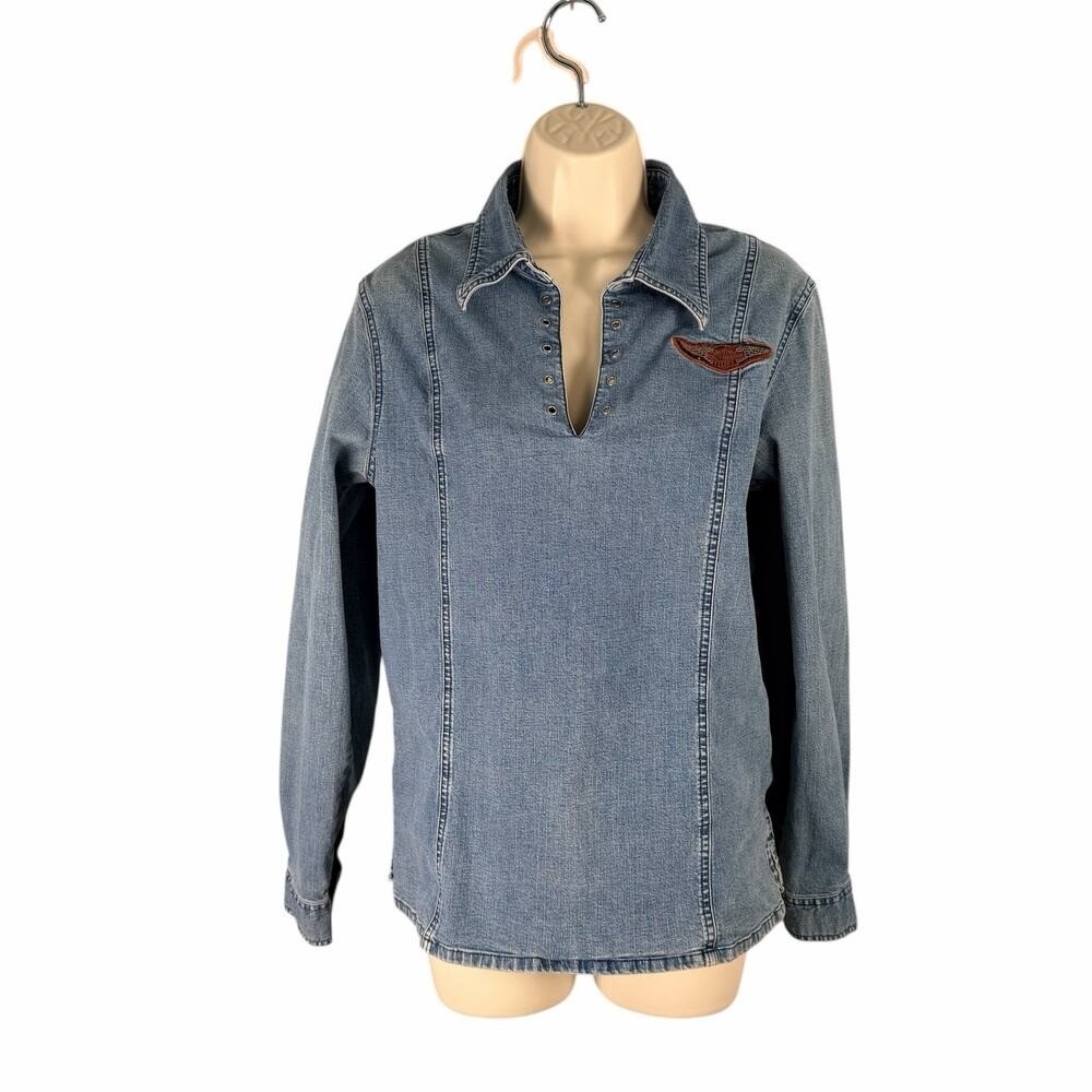 Harley Davidson Shirt Womens Medium Blue Denim Long Sleeve Patch Biker Western